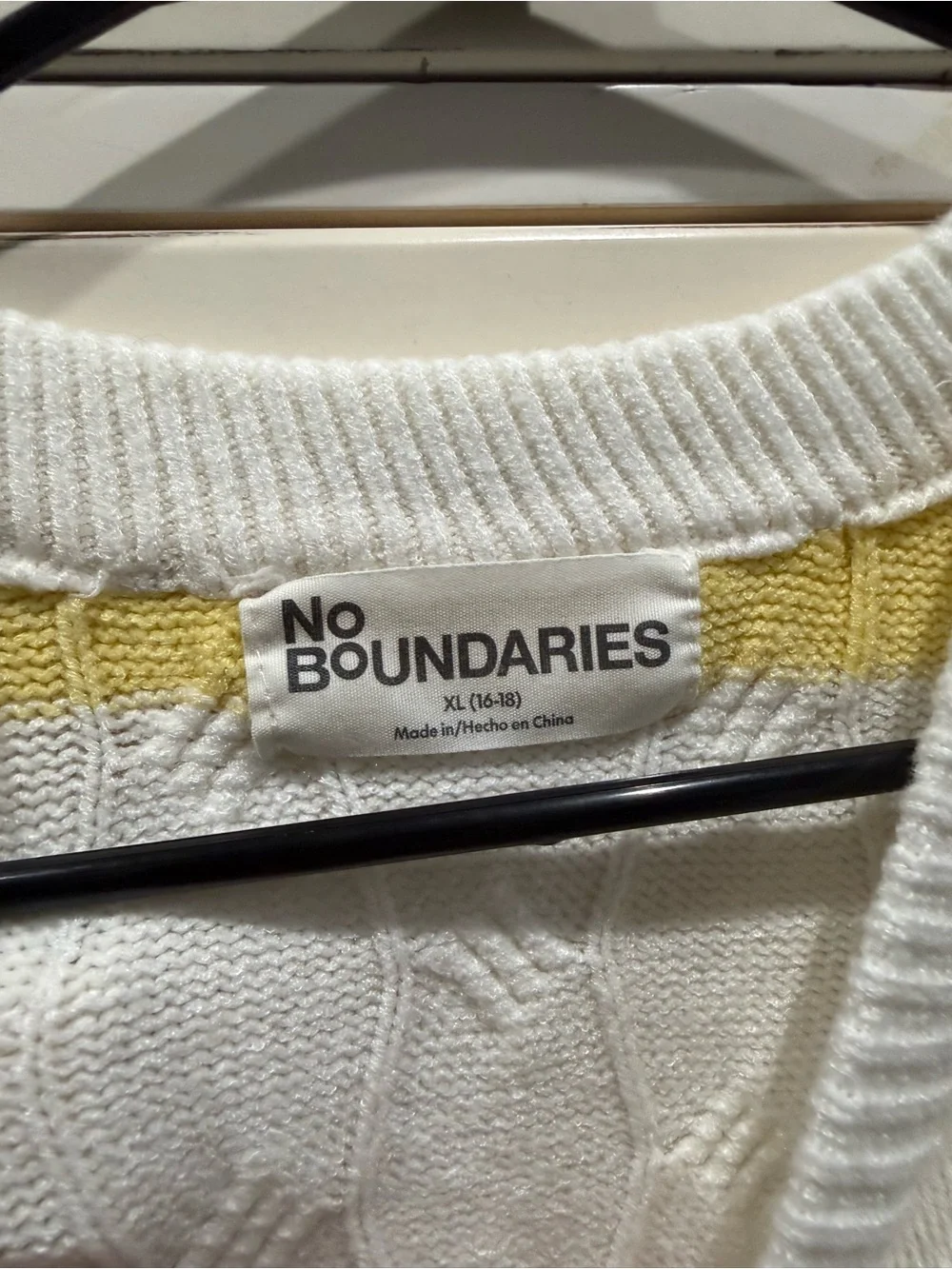 No Boundaries Yellow & White Striped Cable-Knit Crew Sweater